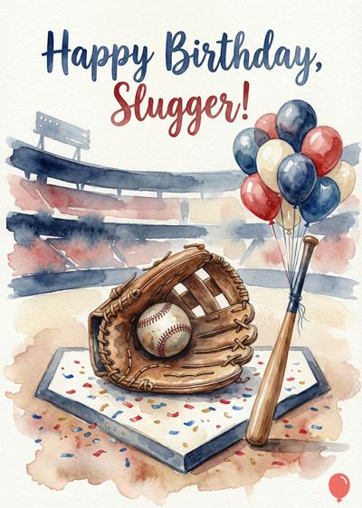 Watercolor-style card. The baseball mitt holds a ball on top of home plate. A baseball bat and balloons are present. Stadium tiers are shown. Above «Happy Birthday, Slugger!».