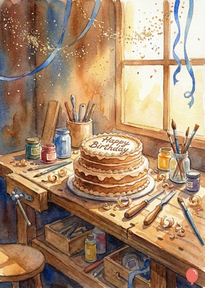 Watercolor of a workshop with birthday cake. Brown, blue, beige tones. Two-tiered cake with «Happy Birthday». Tools and brushes arranged on a wood surface. Blue ribbons.