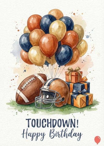 Watercolor of a football, helmet, balloons, and gifts. Balloons are gold, rust, and navy. Presents are orange and navy with bows. Grass at the bottom. The writing says «TOUCHDOWN! Happy Birthday.»