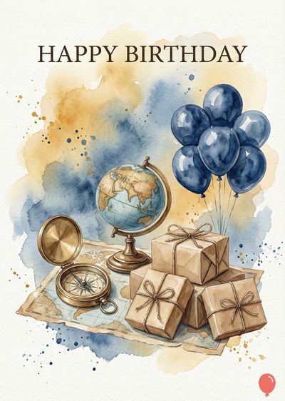Watercolor-style birthday card. Features: «HAPPY BIRTHDAY», balloons, gifts, globe, compass, and map, on a watercolor wash in shades of blue and gold.