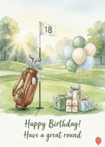 Watercolor style birthday card. Golf course scene with a brown golf bag, balloons in pastel colors, and wrapped gifts. A flag reads «18». The card says «Happy Birthday! Have a great round».