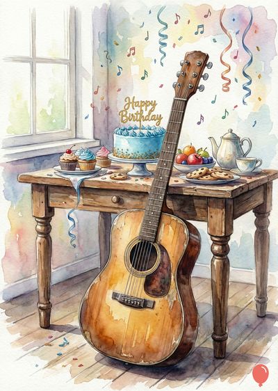 Watercolor of a birthday celebration. A guitar leans against a table with a cake topped with «Happy Birthday». Cupcakes, cookies, and fruit decorate the table. Streamers and musical notes float above.