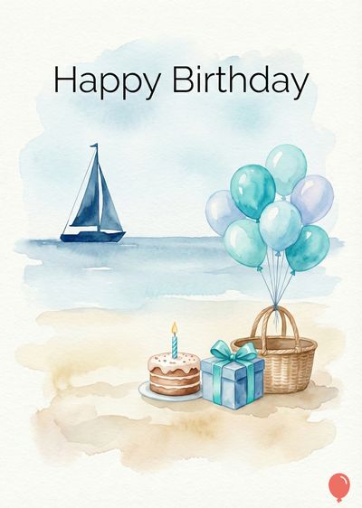 Watercolor compositional greeting card. Features a sailboat, balloons, cake, gift, and basket. The phrase «Happy Birthday» is at the top. Color scheme: blue, beige, and brown.