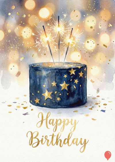 Watercolor depiction of birthday cake, dark blue with golden stars, lit sparklers. Bokeh effect creates a soft blur. Script says «Happy Birthday».