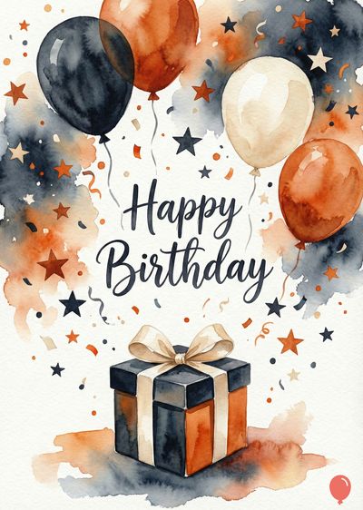Watercolor style: balloons, confetti, gift box, and stars. Balloons in black, beige, and orange. Contains handwritten «Happy Birthday». The gift is black and orange, tied with a beige ribbon.