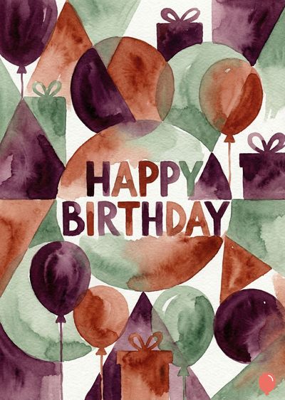 Watercolor style composition. Presents balloons, gifts, and geometric shapes in orange, green, and purple hues with the inscription «HAPPY BIRTHDAY».