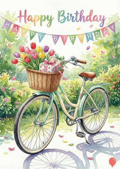 Watercolor of a bicycle with a basket of tulips and a gift, in a garden. Above, a banner with «Happy Birthday». The bike is light green with brown details.
