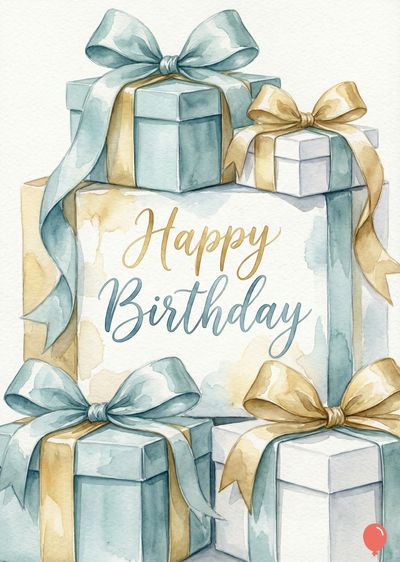Watercolor depiction of stacked gift boxes in teal, white, and gold, adorned with bows. The phrase «Happy Birthday» is scripted in gold and teal.