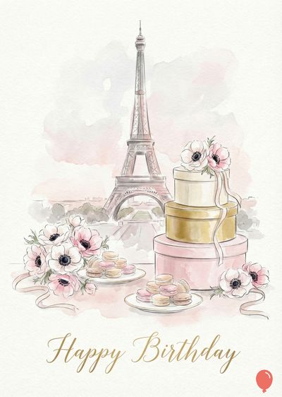Watercolor-style composition with Eiffel tower, floral bouquets, macarons, and stacked boxes.  Pale pink and gold hues.  Gold script at the bottom reads « Happy Birthday ».