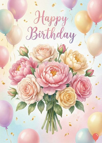 Watercolor style birthday card. Bouquet of pink and yellow roses and peonies. Pastel colored balloons and confetti. The handwritten inscription «Happy Birthday».