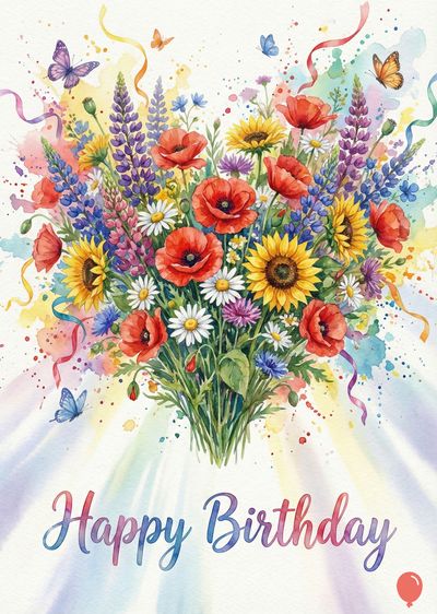 A watercolor-style composition of a flower bouquet with sunflowers, poppies and other flowers. Colorful butterflies and ribbons surround the bouquet, with «Happy Birthday» below.