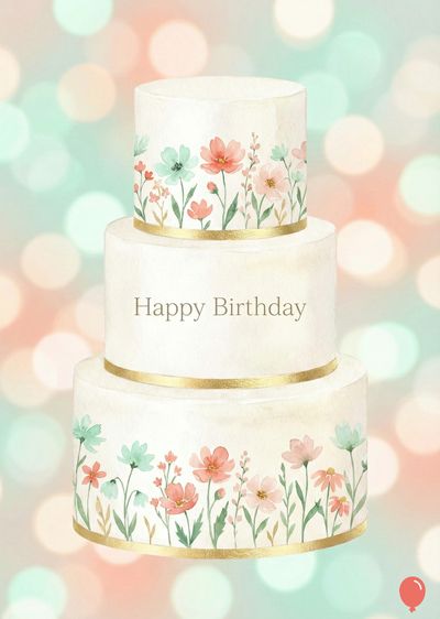 Three-tiered cake with watercolor flowers, gold trim, and the message « Happy Birthday ». Soft, pastel color palette with blurred, bokeh-style spots.