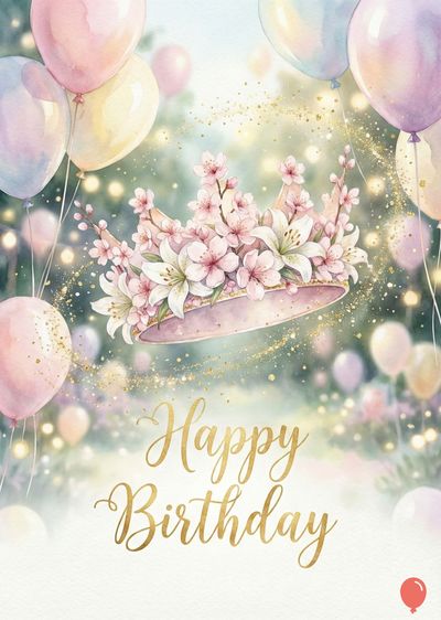 Watercolor-style composition. Balloons of various pastel colors float around a crown adorned with pink flowers. The gold script says «Happy Birthday».