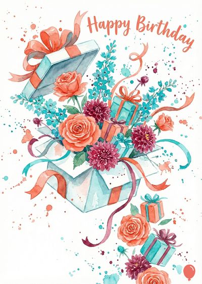 Watercolor composition with an open gift box, roses, gifts, and floral elements in teal, orange, and purple hues. The top reads «Happy Birthday».