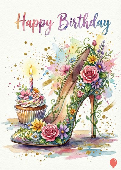 Watercolor-style greeting card. A high-heeled shoe decorated with flowers and vines.  A cupcake with a lit candle is to the left. «Happy Birthday» is written in watercolor letters. Colorful splatters.