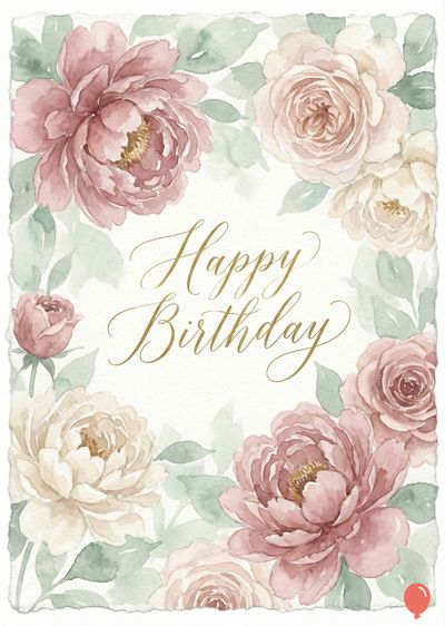 Card with watercolor style floral arrangement, featuring pink roses and green leaves on the top left. The phrase «Happy Birthday» is scripted in gray. A red balloon is at the bottom right.