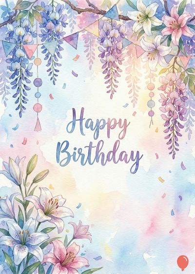 Watercolor arrangement:  lilies and wisteria in pink, purple, and white. «Happy Birthday» script. Pennants and confetti in pastel colors.  Light blue, pink, and yellow. A red balloon.