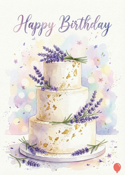 Watercolor-style depiction of a three-tiered cake, decorated with lavender sprigs and gold leaf.  It features the phrase « Happy Birthday » in purple script over a soft watercolor wash.