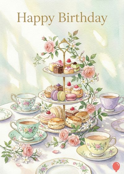 Watercolor rendering of tea party. A tiered stand holds pastries and sweets. Teacups, saucers, and roses decorate a table below a light wash. The top reads «Happy Birthday».