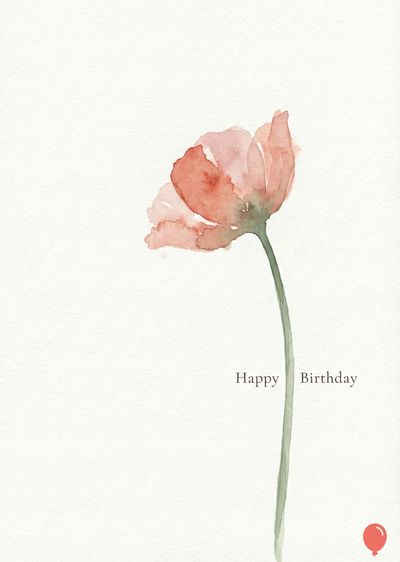 Watercolor-style of a flower with petals in shades of pink-red and a green stem on a white surface.  Below, the words «Happy Birthday». A red balloon is at the bottom.