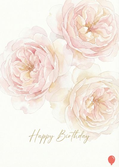 Watercolor-style roses, in shades of pink and beige, adorn the top half. Lower center: script reads «Happy Birthday.» A small red balloon appears at the lower right corner. Soft, light, and delicate palette.