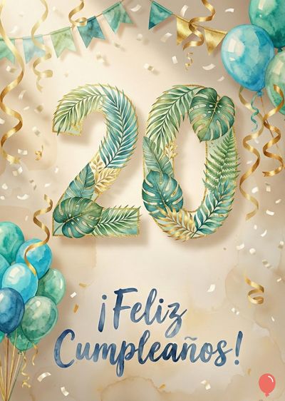 Tarjeta de cumpleaños con números «20» decorados con hojas verdes y doradas. Globos turquesa, serpentinas doradas, banderines y confetti. La frase «¡Feliz Cumpleaños!» en caligrafía azul.  Fondo beige con manchas acuareladas.