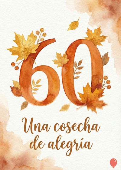 Un numeral «60» en tonos ocres con hojas y bayas otoñales.  Debajo, caligrafía manuscrita dice: «Una cosecha de alegría».  Estilo acuarela, detalles en marrón y amarillo, sobre un recuadro claro con manchas difusas.