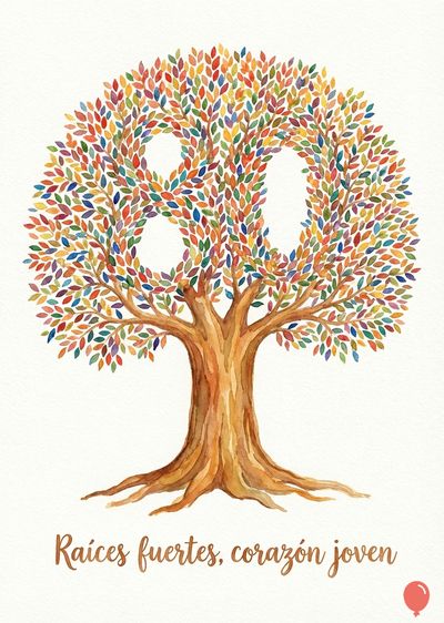 Acuarela de un árbol con copa en forma de «8», hojas multicolores. Tronco marrón, raíces y ramas. Debajo, leyenda manuscrita: «Raíces fuertes, corazón joven». Globo rojo.