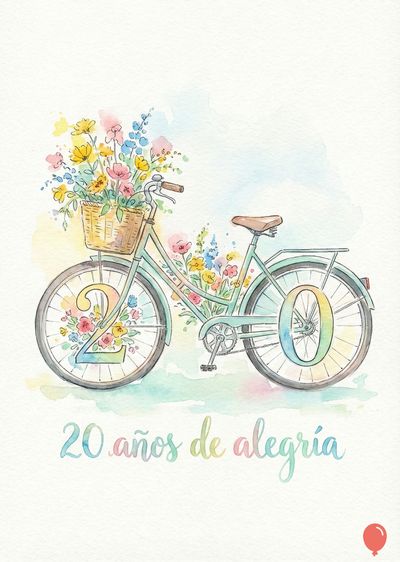 Una bicicleta de acuarela celeste con flores y una cesta. Las ruedas forman los números «2» y «0» con flores dentro. Arriba, más flores. Debajo, «20 años de alegría» escrito en letras coloridas.