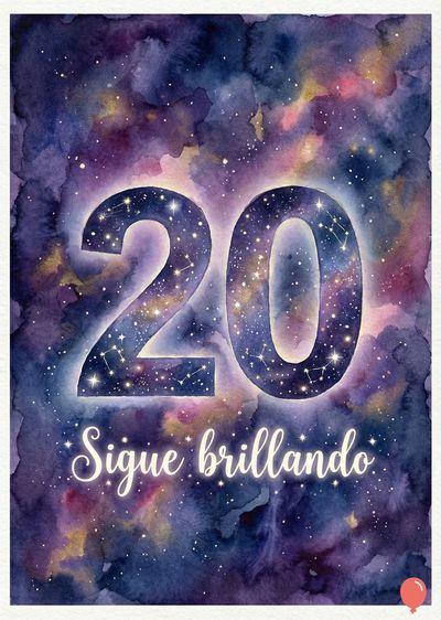 Un diseño acuarela de un cielo estrellado en tonos morados y dorados. Resaltan los números «20» con constelaciones. Debajo, la frase «Sigue brillando» en blanco. Estilo artístico con bordes difusos.