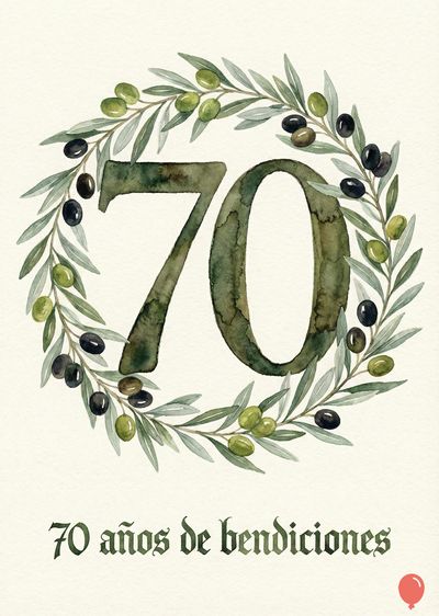 «70» verde oscuro, rodeado por corona de hojas de olivo con aceitunas verdes y negras. Debajo, inscripción caligráfica en verde: «70 años de bendiciones». Elementos sobre un área clara.