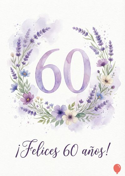 Acuarela con diseño floral de lavanda y flores lilas, azules y blancas formando una corona alrededor del número «60» en tono lila. La inscripción «¡Felices 60 años!» aparece debajo, en color púrpura oscuro. Un globo rojo en la parte inferior.