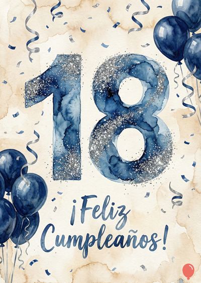 Tarjeta de felicitación con el número «18» azul y plateado, globos oscuros y confeti plateado sobre un área clara con manchas.  Escribe «¡Feliz Cumpleaños!» con caligrafía azul.  Serpentinas plateadas decoran el diseño.