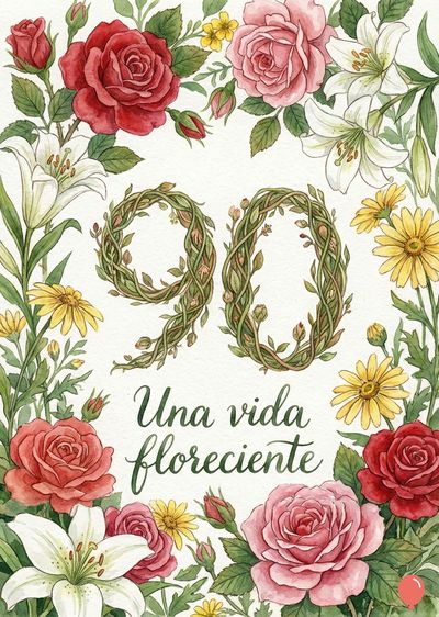 Tarjeta acuarelada de cumpleaños, con flores en tonos rojo, rosa, amarillo y blanco. En el centro, el número «90» con hojas entrelazadas. Debajo, «Una vida floreciente» escrito en cursiva verde. Estilo botánico y romántico.