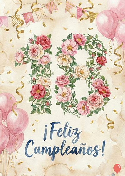 Un numeral «18» floral enmarcado por rosas rosas y rojas. Banderines rosas y dorados, serpentinas y confeti dorado. Globos rosados. Letras azules: «¡Feliz Cumpleaños!». Estilo acuarela.