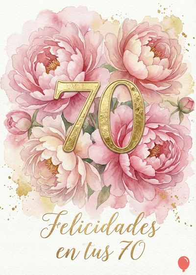 Tarjeta de felicitación con acuarela de peonías rosas y amarillas. Cifra dorada «70» superpuesta a las flores. Caligrafía dorada: «Felicidades en tus 70». Manchas doradas. Estilo de acuarela.