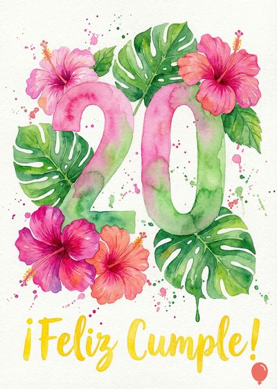 Acuarela floral con el número «20» en degradado rosa y verde, rodeado de flores de hibisco y hojas verdes.  Bajo el número, «¡Feliz Cumple!» en amarillo. Salpicaduras de pintura rosa y verde sobre blanco.