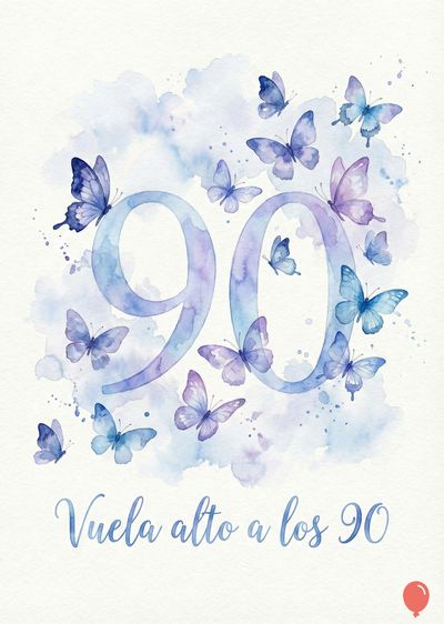 Acuarela con números «90» en tonos azul y morado, rodeada de mariposas. Nubes difusas en el diseño. En la parte inferior, la frase: «Vuela alto a los 90» está escrita en cursiva azul. Un globo rojo en la esquina inferior derecha.