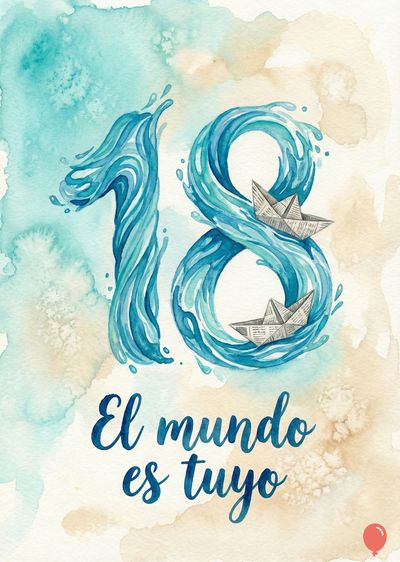 Número «18» elaborado con agua azul. Dos barcos de papel grises navegan entre las olas. Debajo, la frase «El mundo es tuyo» en caligrafía azul. Acuarela de tonos azules y beige.