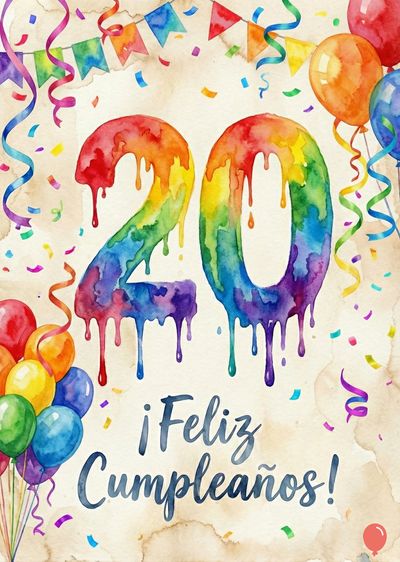 Cualela acuarelada con el número «20» en degradado arcoíris con efecto goteo. Globos multicolores, serpentinas, confeti y banderines decoran. El escrito dice «¡Feliz Cumpleaños!» en cursiva azul.