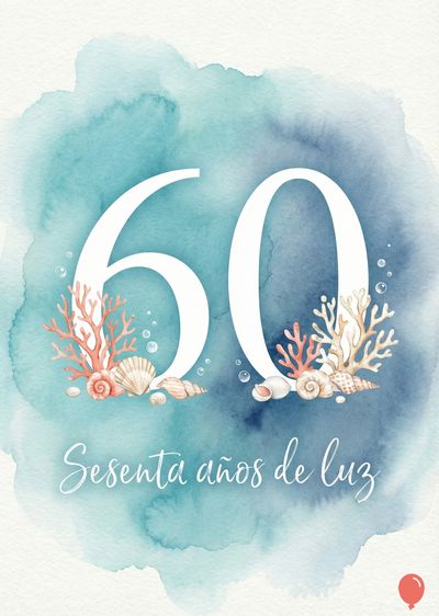 Un diseño de acuarela con el número «60» en blanco. Adornos de corales y conchas. Debajo, la frase «Sesenta años de luz» en cursiva.  Los tonos son azul, turquesa, coral y blanco.