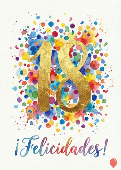 Tarjeta de felicitación para un 18º aniversario. Los números «18» dorados destacan sobre un salpicado de manchas y círculos multicolores, con la inscripción «¡Felicidades!» en degradado arcoíris.