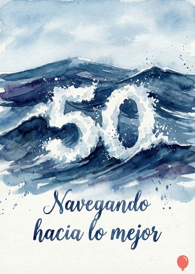 Acuarela con olas en tonos azules y blancos formando el número «50». Debajo, la frase «Navegando hacia lo mejor» en caligrafía. Cielo azul claro. Estilo artístico.