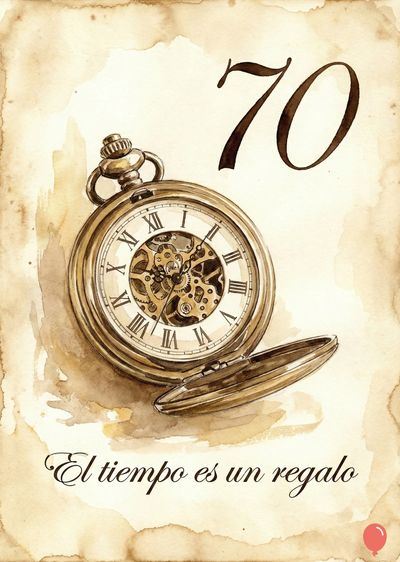 Acuarela en tonos sepia de reloj de bolsillo abierto con números romanos y mecanismo visible. Encima, el número «70». Debajo, frase: «El tiempo es un regalo». Estilo vintage.