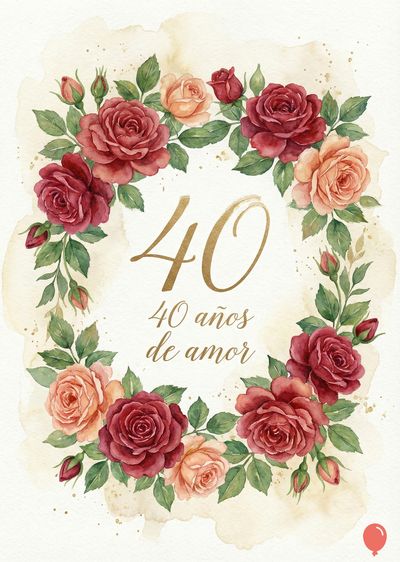 Una composición floral acuarela de rosas rojas y melocotón enmarcan un círculo. En el centro, el número «40» en dorado y la frase «40 años de amor». La estética tiene un aspecto vintage.