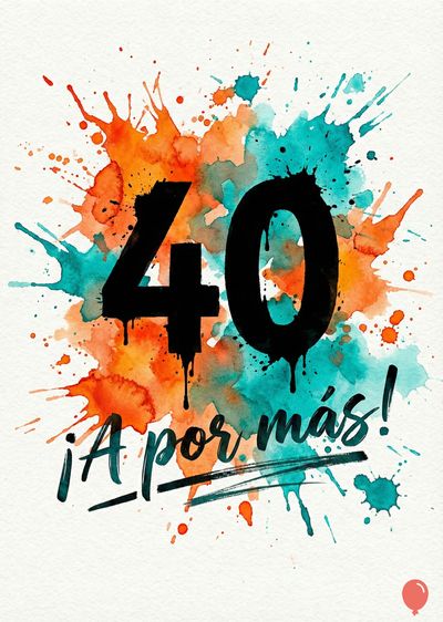 Un diseño acuarela con un salpicado naranja y turquesa. El número «40» en negro destaca sobre el salpicado. Debajo, la frase «¡A por más!» con trazos caligráficos también en negro.