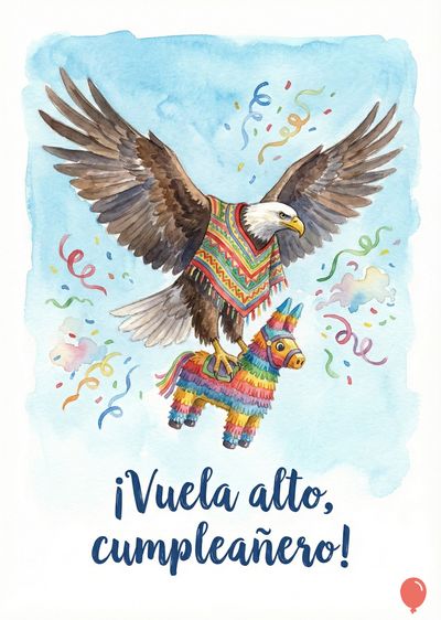 Un águila calva con poncho colorido monta una piñata-burro. El águila vuela sobre un cielo celeste, con confeti y nubes. La frase «¡Vuela alto, cumpleañero!» en azul oscuro se muestra debajo.