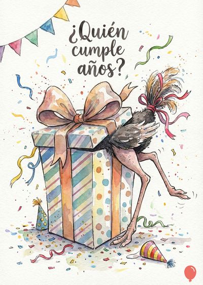 Un avestruz metido en un regalo grande adornado con lazo, con el torso escondido. Sobre el regalo, la frase «¿Quién cumple años?». Confeti de colores y banderines decoran el área. Estilo de acuarela.