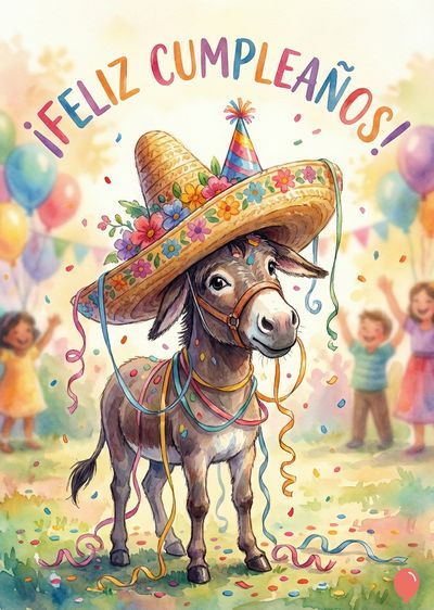 Asno marrón con sombrero de ala ancha decorado con flores y un gorro de fiesta. Lleva cintas de colores. Globos y niños celebran atrás. Encima, «¡FELIZ CUMPLEAÑOS!» en colores. Estilo acuarela.
