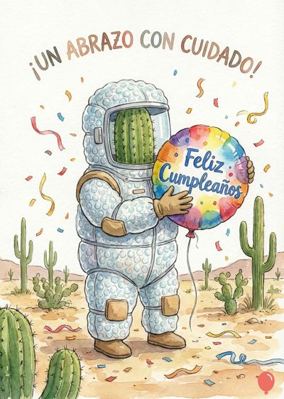 Un cactus con casco espacial sostiene globo multicolor con inscripción « Feliz Cumpleaños ».  A su alrededor, confeti y cinta.  En el desierto, cactus y el lema superior: «¡UN ABRAZO CON CUIDADO!».  Estilo acuarela con colores pastel.